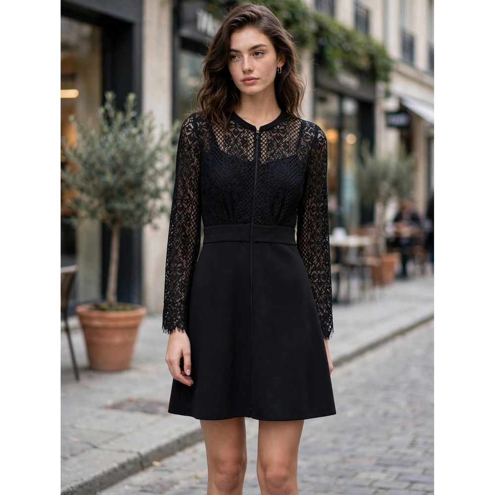 Sandro Paris Black Lace Long Sleeve Zip Front Mini Dress R4271H-20 Size S